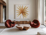 Golden Palm I by Yvette St. Amant. Shown as extra-large giant wall art in a modern living room. Available as an archival giclee rolled canvas, fine art paper, or poster print. SKU 89175a.