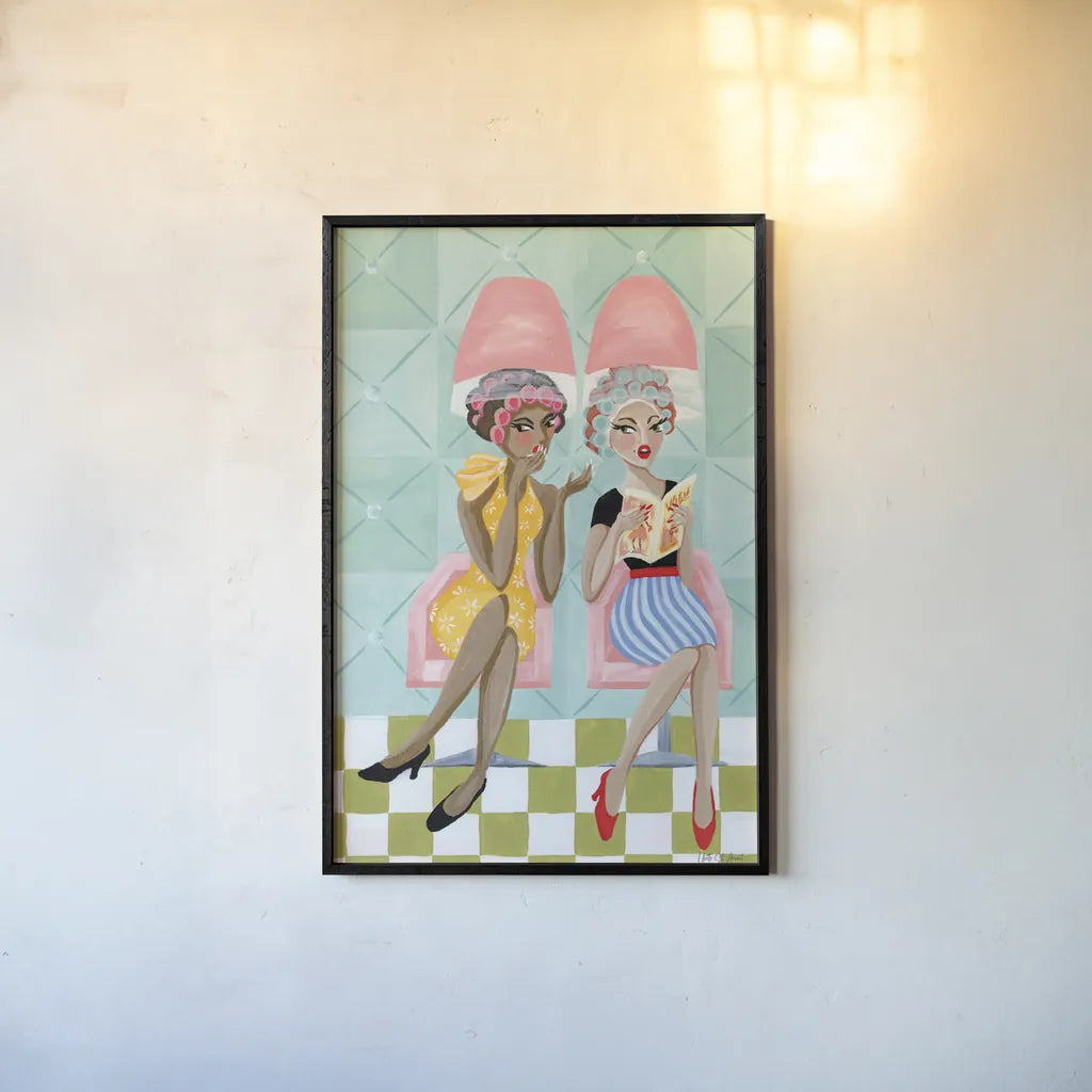 Gossip Girls by Yvette St. Amant. shown as a paper print in a black flame. Available as a archival giclee rolled canvas, fine art paper, or poster print. SKU 100346h.