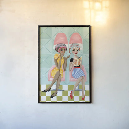 Gossip Girls by Yvette St. Amant. shown as a paper print in a black flame. Available as a archival giclee rolled canvas, fine art paper, or poster print. SKU 100346h.