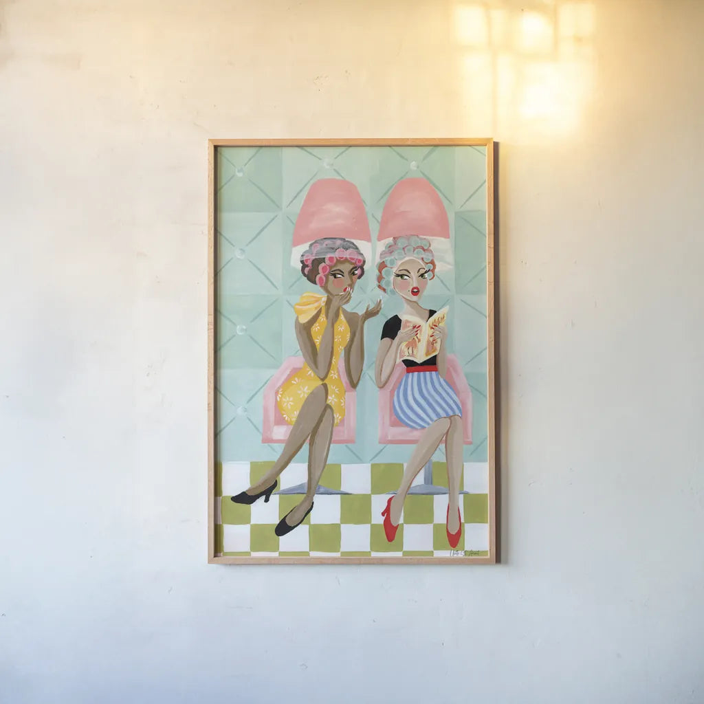 Gossip Girls by Yvette St. Amant. shown as a paper print in a natural frame. Available as a archival giclee rolled canvas, fine art paper, or poster print. SKU 100346h.