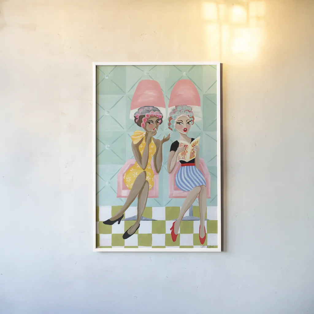 Gossip Girls by Yvette St. Amant. shown as a paper print in a white frame. Available as a archival giclee rolled canvas, fine art paper, or poster print. SKU 100346h.