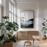 Gradient Movement I by Yvette St. Amant. shown as a print in a natural wood frame in a dining room. Available as a archival giclee rolled canvas, fine art paper, or poster print. SKU 88249h.