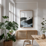 Gradient Movement II by Yvette St. Amant. shown as a print in a natural wood frame in a dining room. Available as a archival giclee rolled canvas, fine art paper, or poster print. SKU 88250h.