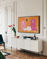 Hallo-Retro I by Yvette St. Amant. shown as a framed stretched canvas in a living room above a console. Available as a archival giclee rolled canvas, fine art paper, or poster print. SKU 99815i.