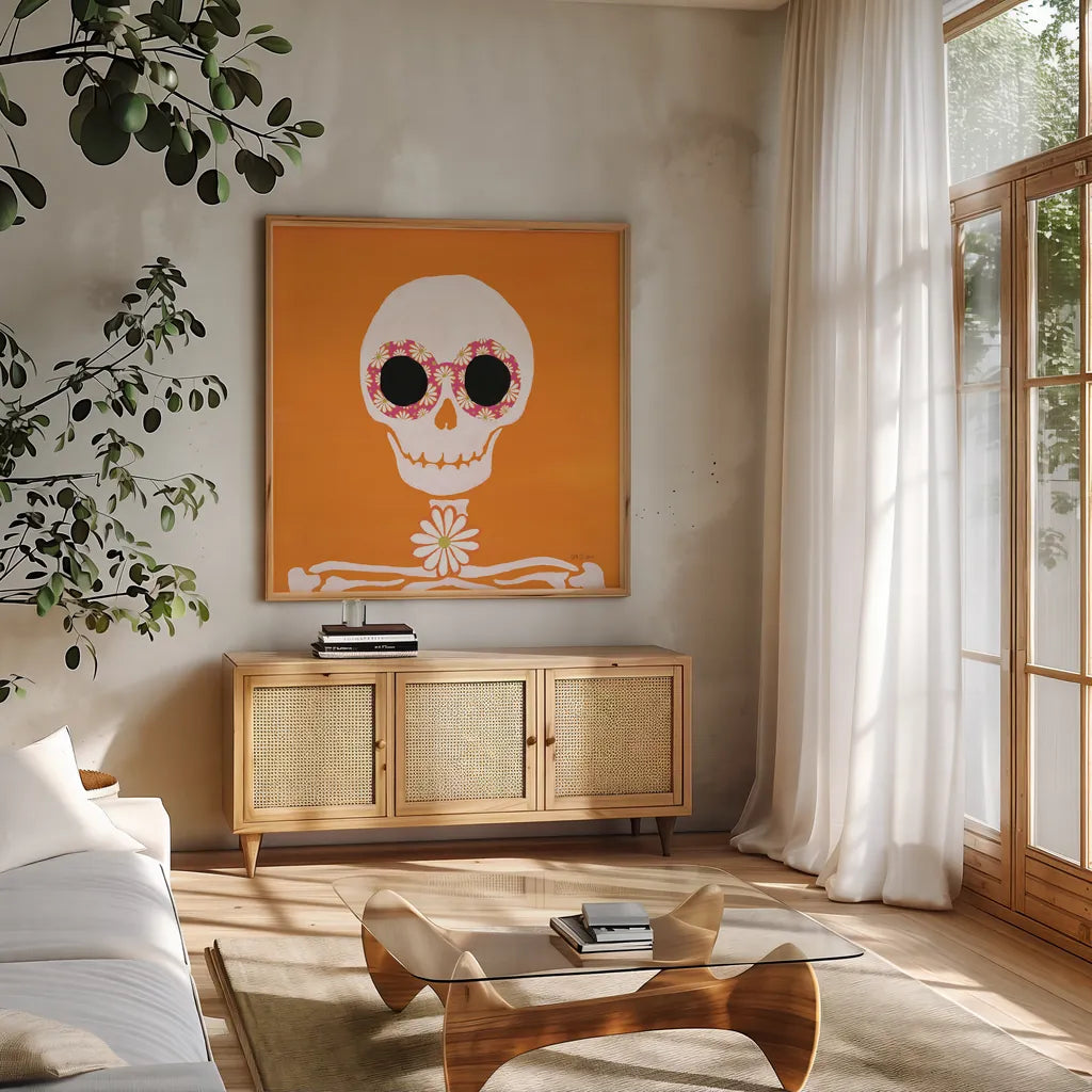 Hallo-Retro II by Yvette St. Amant. Shown in a natural wood frame in a cozy modern living room. Available as an archival giclee rolled canvas, fine art paper, or poster print. SKU 99816a.