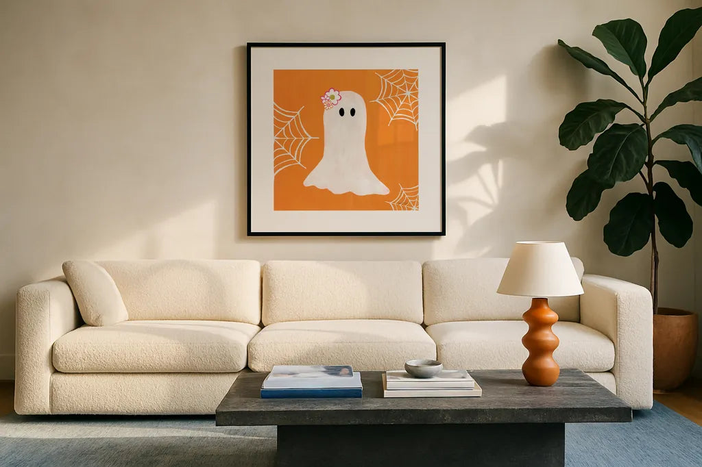 Hallo-Retro III by Yvette St. Amant. Displayed in a glass frame with matte in a clean modern living room. Available as an archival giclee rolled canvas, fine art paper, or poster print. SKU 99817a.