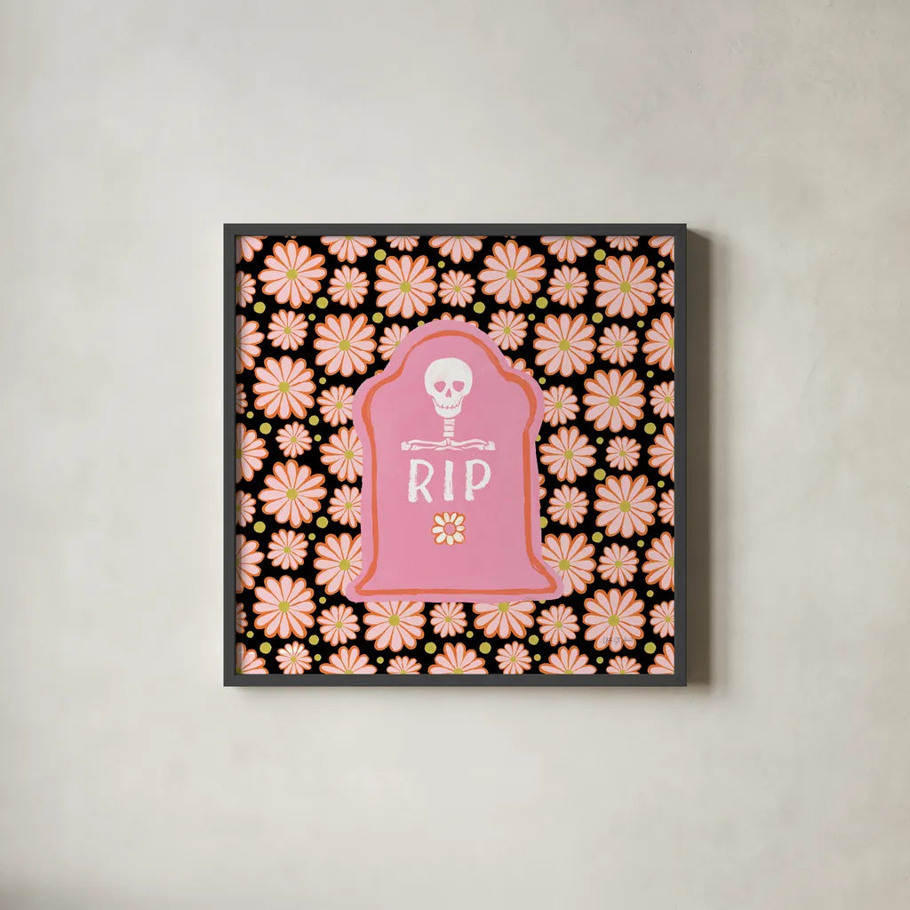 Hallo-Retro IX by Yvette St. Amant. Shown in a sleek black glass frame for a contemporary gallery look. Available as an archival giclee rolled canvas, fine art paper, or poster print. SKU 99823a.