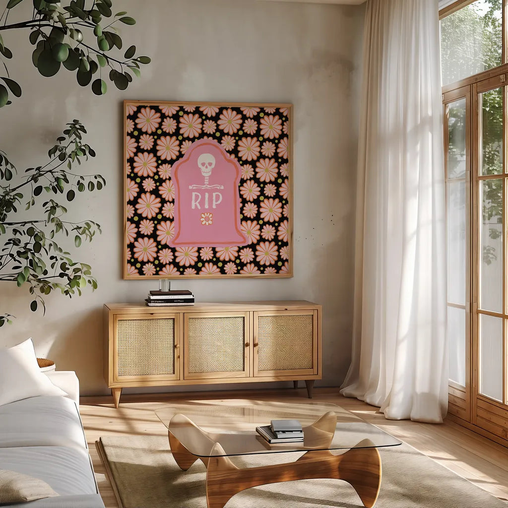 Hallo-Retro IX by Yvette St. Amant. Shown in a natural wood frame in a cozy modern living room. Available as an archival giclee rolled canvas, fine art paper, or poster print. SKU 99823a.
