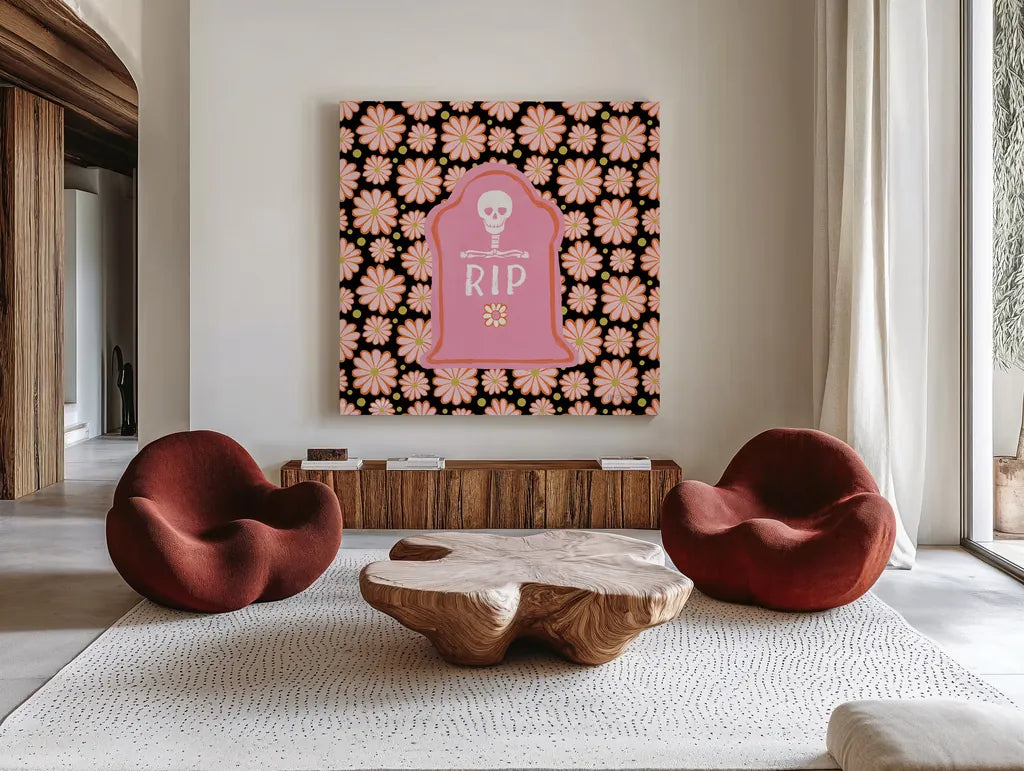 Hallo-Retro IX by Yvette St. Amant. Shown as extra-large giant wall art in a modern living room. Available as an archival giclee rolled canvas, fine art paper, or poster print. SKU 99823a.
