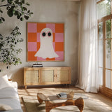 Hallo-Retro V by Yvette St. Amant. Shown in a natural wood frame in a cozy modern living room. Available as an archival giclee rolled canvas, fine art paper, or poster print. SKU 99819a.