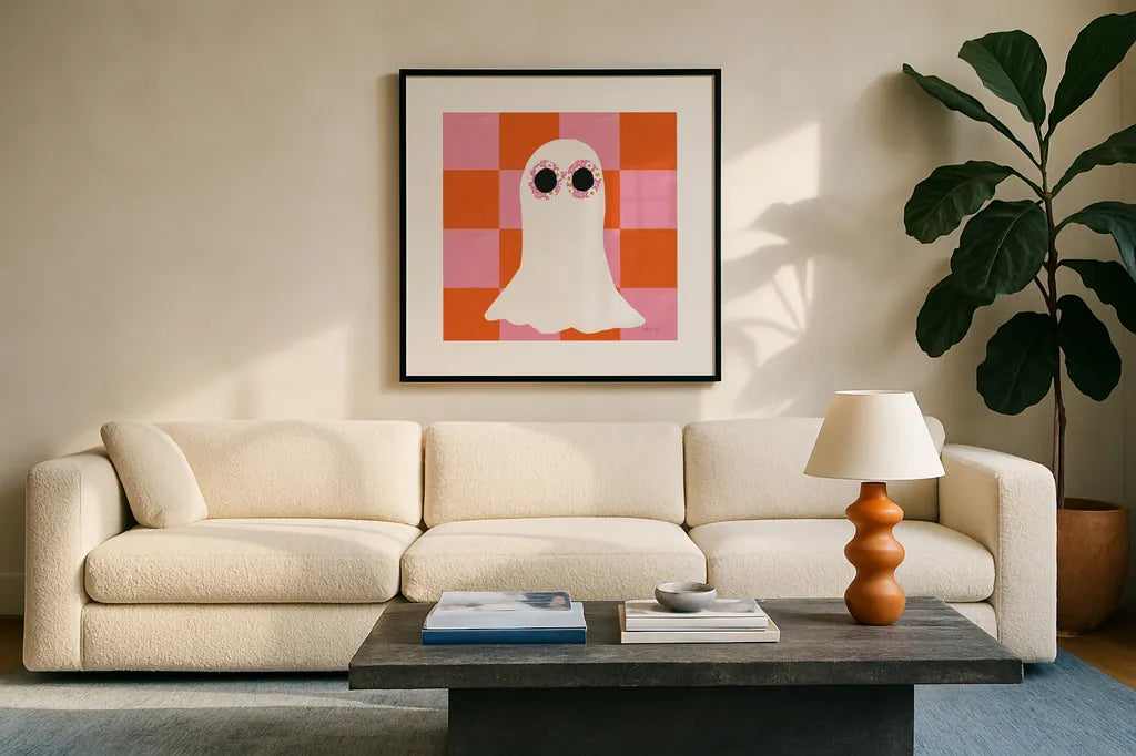 Hallo-Retro V by Yvette St. Amant. Displayed in a glass frame with matte in a clean modern living room. Available as an archival giclee rolled canvas, fine art paper, or poster print. SKU 99819a.