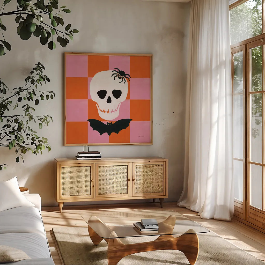 Hallo-Retro VI by Yvette St. Amant. Shown in a natural wood frame in a cozy modern living room. Available as an archival giclee rolled canvas, fine art paper, or poster print. SKU 99820a.
