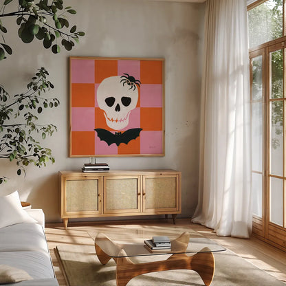 Hallo-Retro VI by Yvette St. Amant. Shown in a natural wood frame in a cozy modern living room. Available as an archival giclee rolled canvas, fine art paper, or poster print. SKU 99820a.