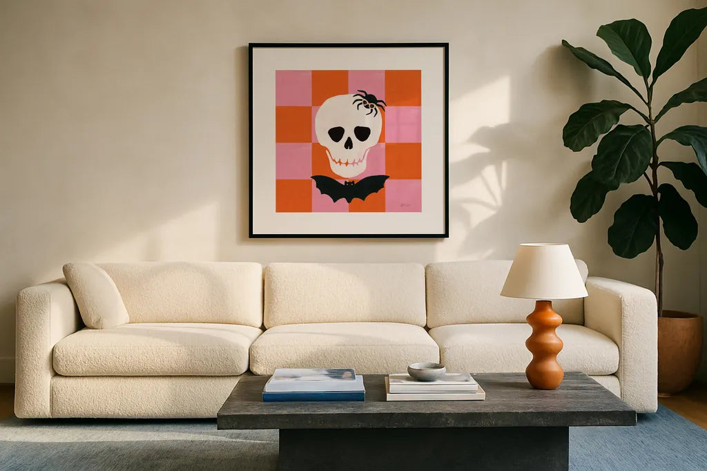 Hallo-Retro VI by Yvette St. Amant. Displayed in a glass frame with matte in a clean modern living room. Available as an archival giclee rolled canvas, fine art paper, or poster print. SKU 99820a.