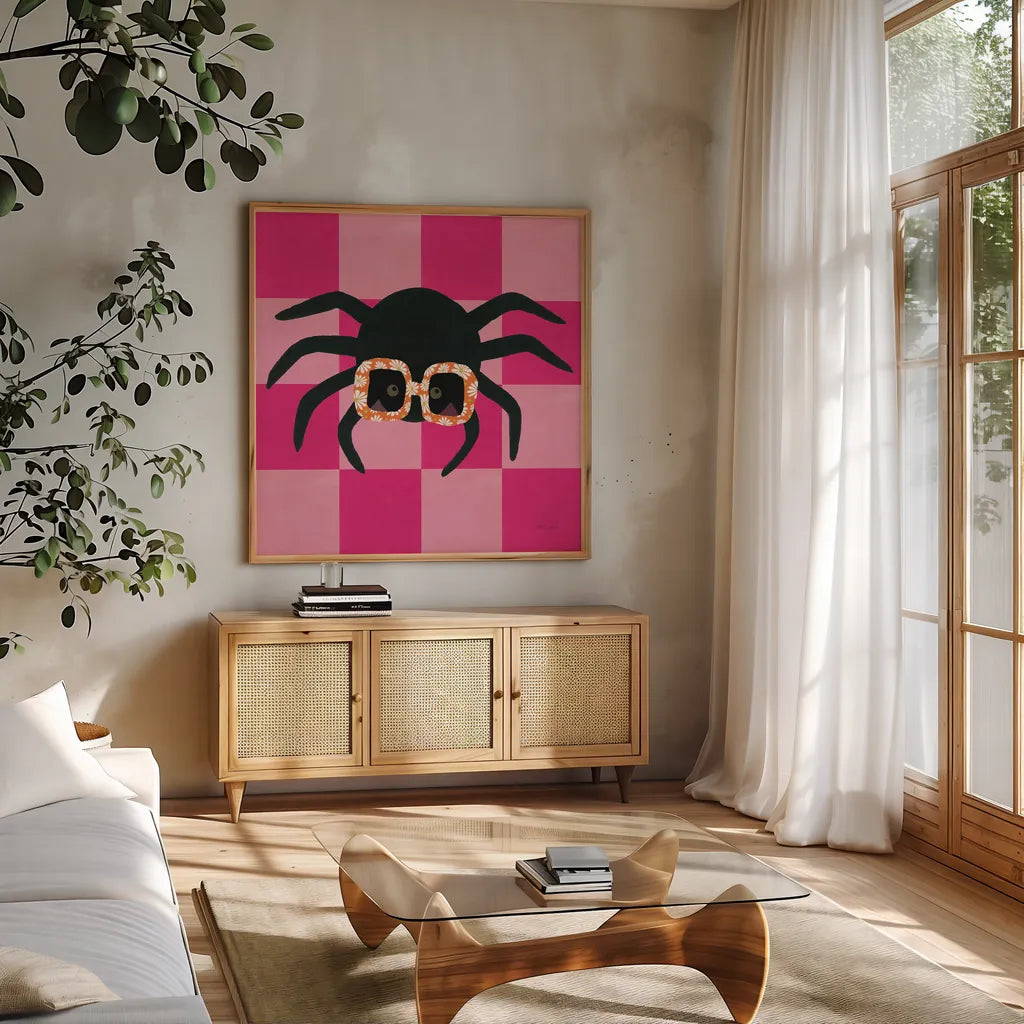 Hallo-Retro VII by Yvette St. Amant. Shown in a natural wood frame in a cozy modern living room. Available as an archival giclee rolled canvas, fine art paper, or poster print. SKU 99821a.