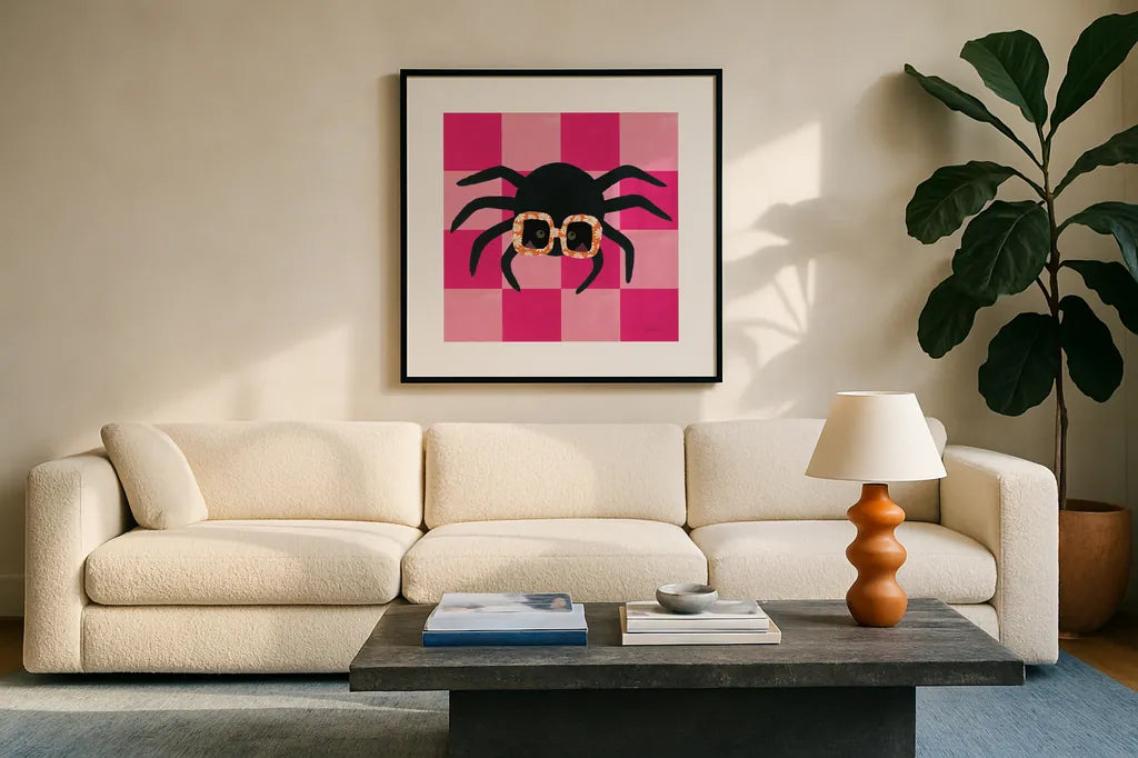 Hallo-Retro VII by Yvette St. Amant. Displayed in a glass frame with matte in a clean modern living room. Available as an archival giclee rolled canvas, fine art paper, or poster print. SKU 99821a.
