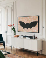 Hallo-Retro VIII by Yvette St. Amant. shown as a framed stretched canvas in a living room above a console. Available as a archival giclee rolled canvas, fine art paper, or poster print. SKU 99822i.