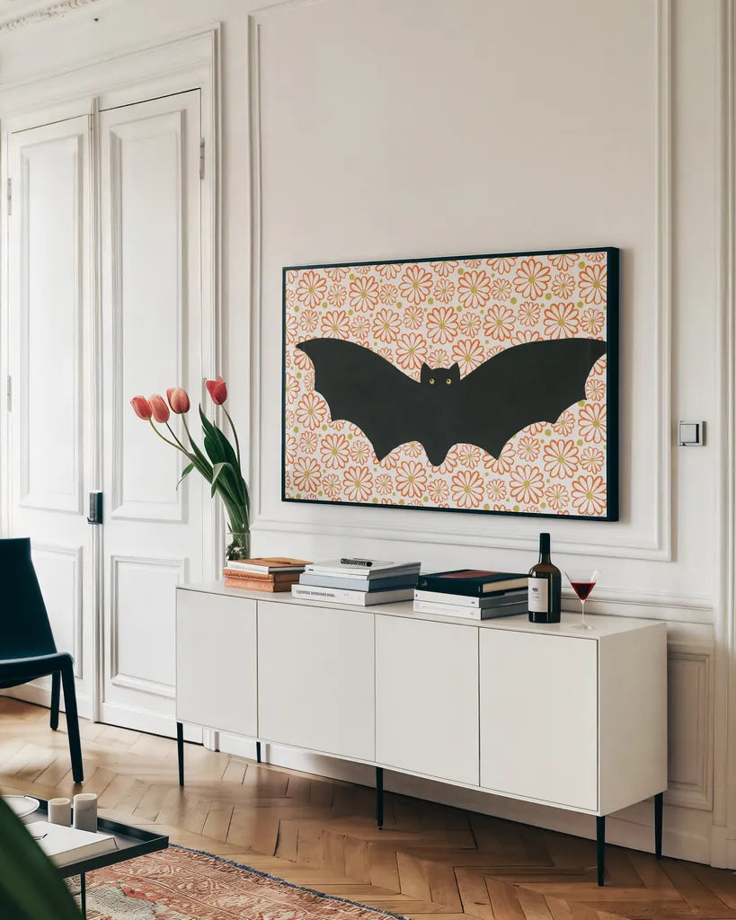 Hallo-Retro VIII by Yvette St. Amant. shown as a framed stretched canvas in a living room above a console. Available as a archival giclee rolled canvas, fine art paper, or poster print. SKU 99822i.