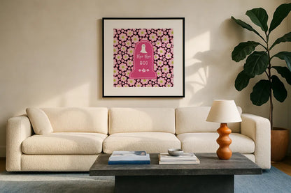 Hallo-Retro X by Yvette St. Amant. Displayed in a glass frame with matte in a clean modern living room. Available as an archival giclee rolled canvas, fine art paper, or poster print. SKU 99824a.