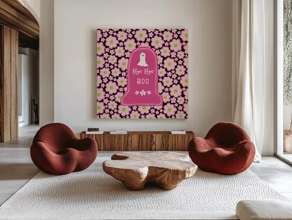 Hallo-Retro X by Yvette St. Amant. Shown as extra-large giant wall art in a modern living room. Available as an archival giclee rolled canvas, fine art paper, or poster print. SKU 99824a.