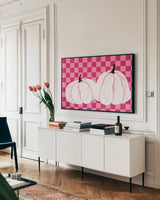 Hallo-Retro XIII by Yvette St. Amant. shown as a framed stretched canvas in a living room above a console. Available as a archival giclee rolled canvas, fine art paper, or poster print. SKU 99827i.