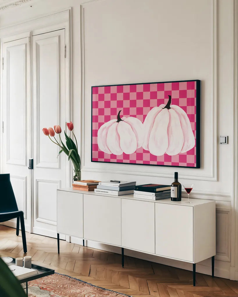 Hallo-Retro XIII by Yvette St. Amant. shown as a framed stretched canvas in a living room above a console. Available as a archival giclee rolled canvas, fine art paper, or poster print. SKU 99827i.