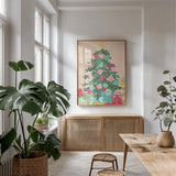 Happy Christmas Tree by Yvette St. Amant. shown as a print in a natural wood frame in a dining room. Available as a archival giclee rolled canvas, fine art paper, or poster print. SKU 94142h.