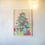 Happy Christmas Tree by Yvette St. Amant. shown as a paper print in a white frame. Available as a archival giclee rolled canvas, fine art paper, or poster print. SKU 94142h.