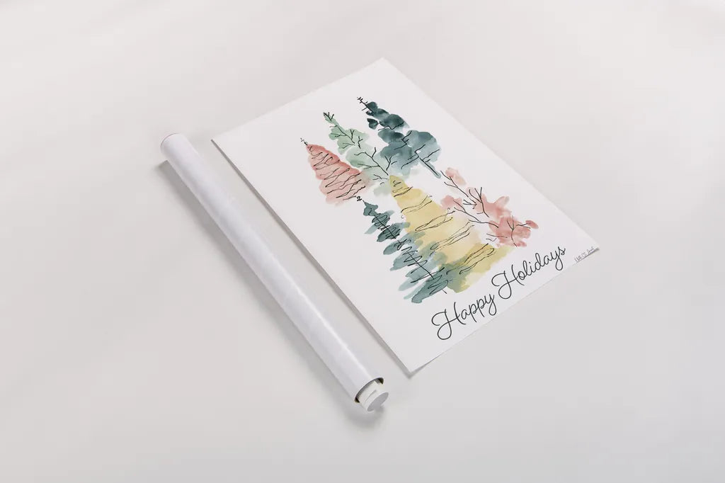 Happy Holiday Trees by Yvette St. Amant. shown as a rolled paper print. Available as archival giclee rolled canvas, fine art paper, or poster print. SKU 94140h.