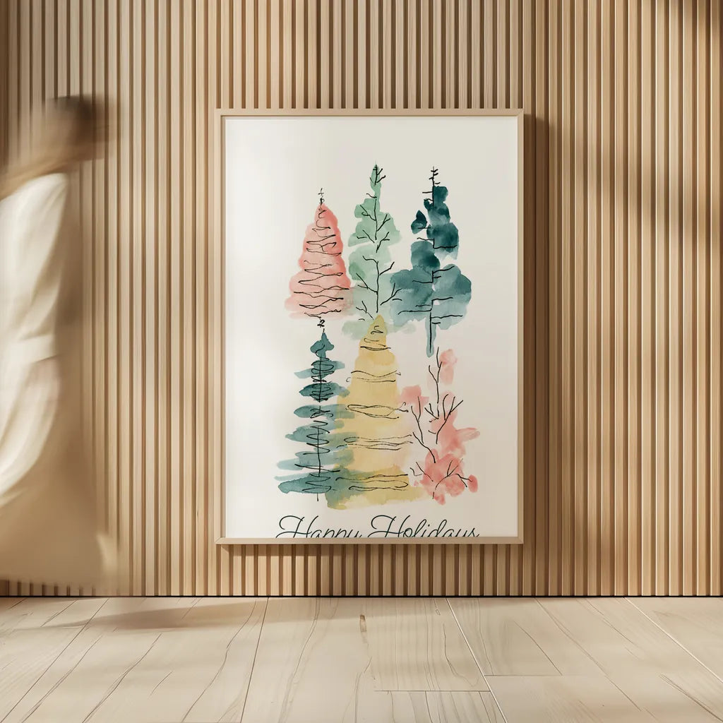 Happy Holiday Trees by Yvette St. Amant. shown as over sized large wall art. Available as an archival giclee rolled canvas, fine art paper, or poster print. SKU 94140h.
