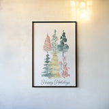 Happy Holiday Trees by Yvette St. Amant. shown as a paper print in a black flame. Available as a archival giclee rolled canvas, fine art paper, or poster print. SKU 94140h.