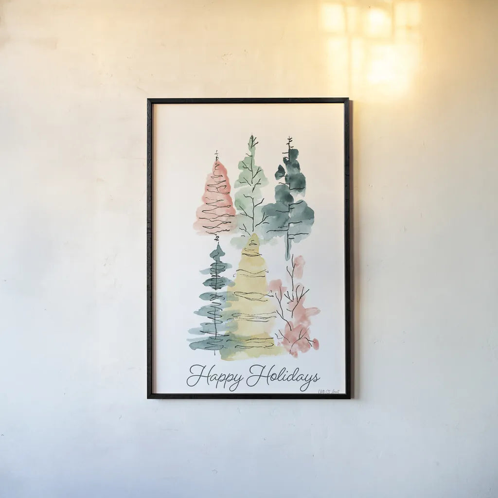 Happy Holiday Trees by Yvette St. Amant. shown as a paper print in a black flame. Available as a archival giclee rolled canvas, fine art paper, or poster print. SKU 94140h.