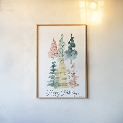Happy Holiday Trees by Yvette St. Amant. shown as a paper print in a natural frame. Available as a archival giclee rolled canvas, fine art paper, or poster print. SKU 94140h.