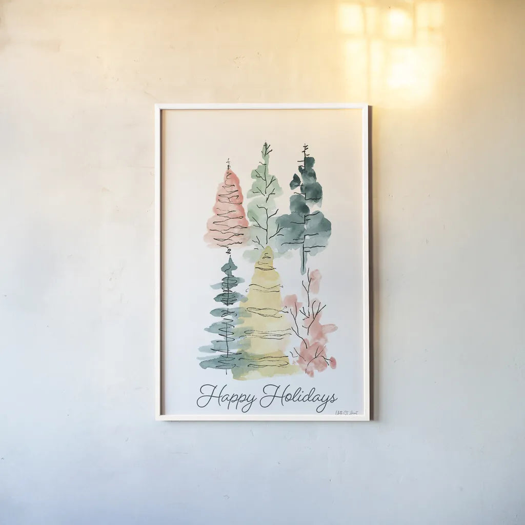 Happy Holiday Trees by Yvette St. Amant. shown as a paper print in a white frame. Available as a archival giclee rolled canvas, fine art paper, or poster print. SKU 94140h.