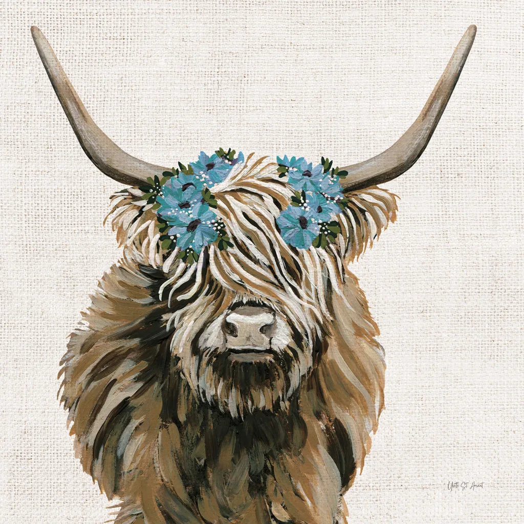 Harvest Cow Floral Linen Sq by Yvette St. Amant. SKU 90049a. Archival Giclee Fine art print for wall decor.