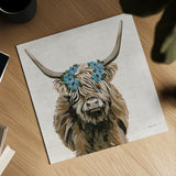 Harvest Cow Floral Linen Sq by Yvette St. Amant. Shown as a detailed flat fine art print, highlighting archival giclee quality. Available as an archival giclee rolled canvas, fine art paper, or poster print. SKU 90049a.