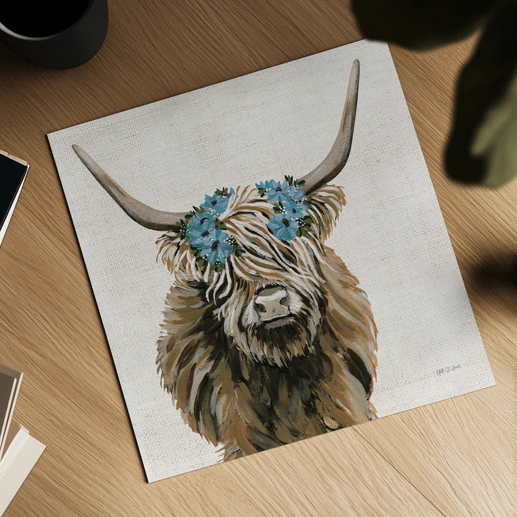 Harvest Cow Floral Linen Sq by Yvette St. Amant. Shown as a detailed flat fine art print, highlighting archival giclee quality. Available as an archival giclee rolled canvas, fine art paper, or poster print. SKU 90049a.