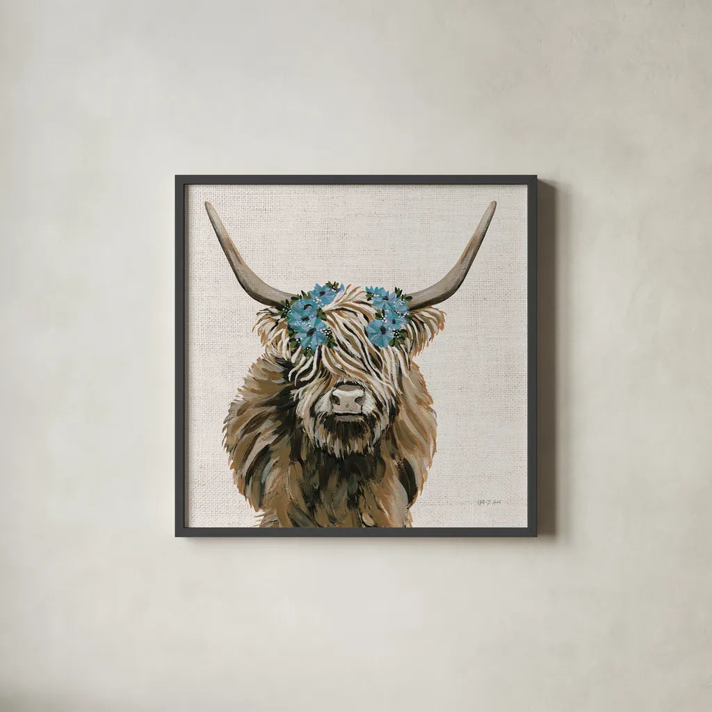Harvest Cow Floral Linen Sq by Yvette St. Amant. Shown in a sleek black glass frame for a contemporary gallery look. Available as an archival giclee rolled canvas, fine art paper, or poster print. SKU 90049a.