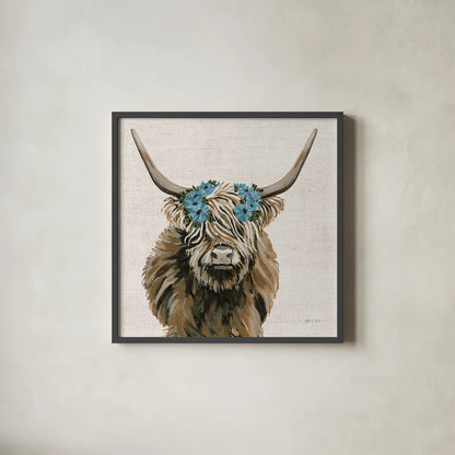 Harvest Cow Floral Linen Sq by Yvette St. Amant. Shown in a sleek black glass frame for a contemporary gallery look. Available as an archival giclee rolled canvas, fine art paper, or poster print. SKU 90049a.