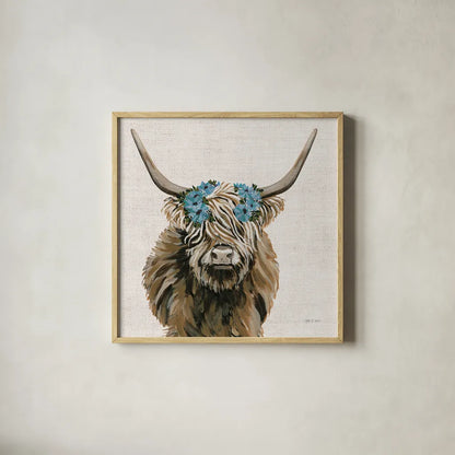 Harvest Cow Floral Linen Sq by Yvette St. Amant. Shown in a natural wood glass frame for a timeless modern aesthetic. Available as an archival giclee rolled canvas, fine art paper, or poster print. SKU 90049a.