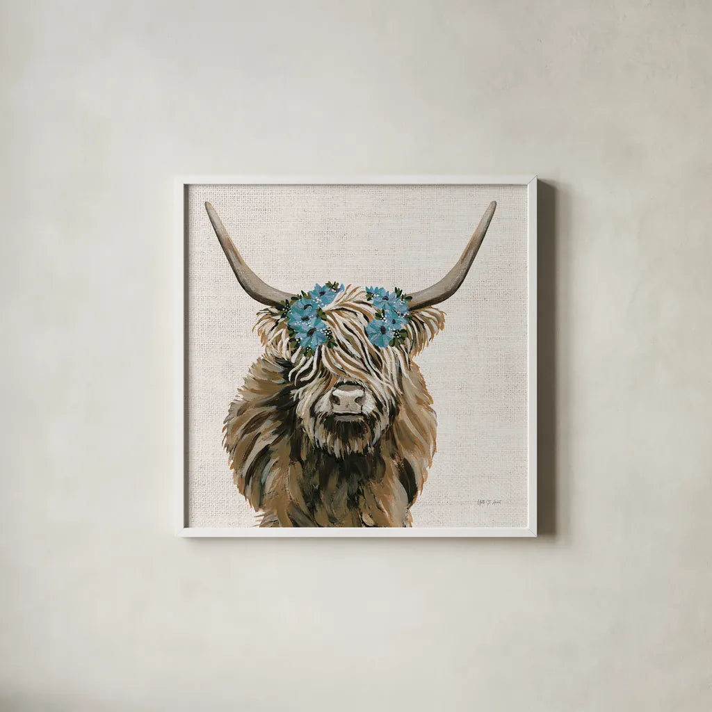 Harvest Cow Floral Linen Sq by Yvette St. Amant. Shown in a crisp white glass frame for a clean and minimalist style. Available as an archival giclee rolled canvas, fine art paper, or poster print. SKU 90049a.