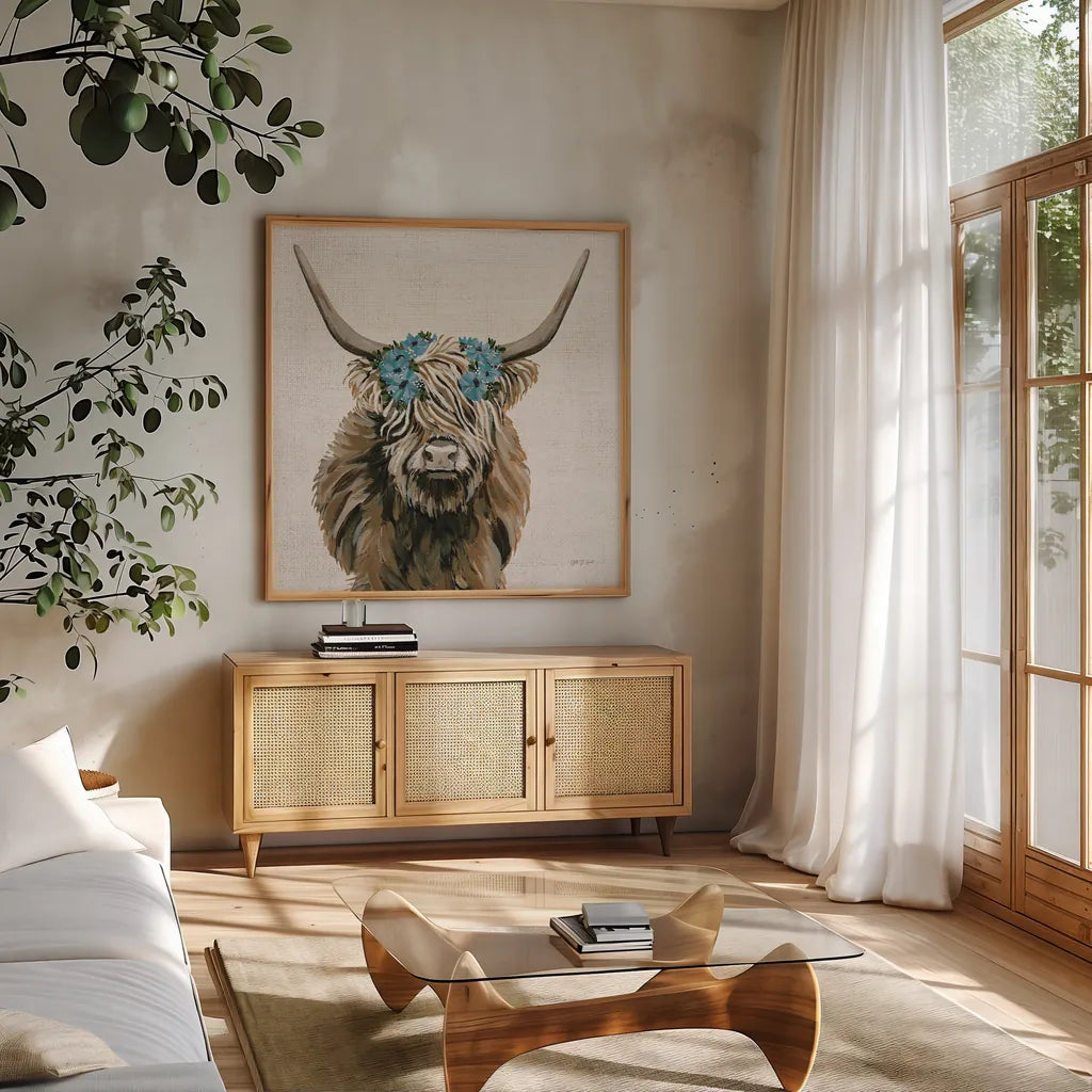 Harvest Cow Floral Linen Sq by Yvette St. Amant. Shown in a natural wood frame in a cozy modern living room. Available as an archival giclee rolled canvas, fine art paper, or poster print. SKU 90049a.