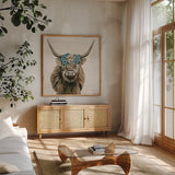Harvest Cow Floral Linen Sq by Yvette St. Amant. Shown in a natural wood frame in a cozy modern living room. Available as an archival giclee rolled canvas, fine art paper, or poster print. SKU 90049a.
