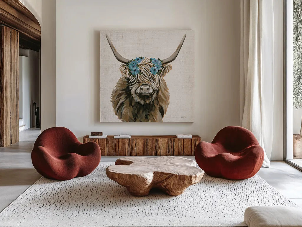 Harvest Cow Floral Linen Sq by Yvette St. Amant. Shown as extra-large giant wall art in a modern living room. Available as an archival giclee rolled canvas, fine art paper, or poster print. SKU 90049a.