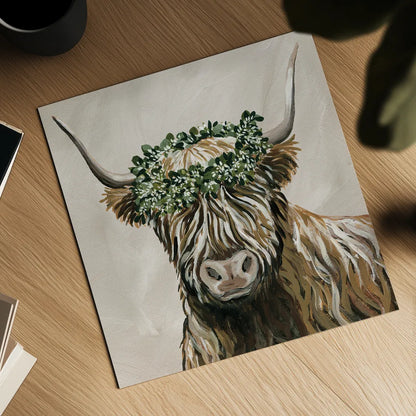 Harvest Cow Sage Square by Yvette St. Amant. Shown as a detailed flat fine art print, highlighting archival giclee quality. Available as an archival giclee rolled canvas, fine art paper, or poster print. SKU 93682a.