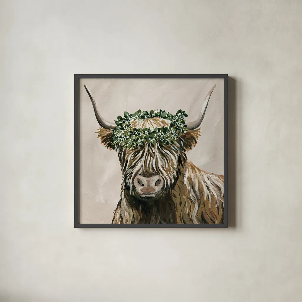 Harvest Cow Sage Square by Yvette St. Amant. Shown in a sleek black glass frame for a contemporary gallery look. Available as an archival giclee rolled canvas, fine art paper, or poster print. SKU 93682a.