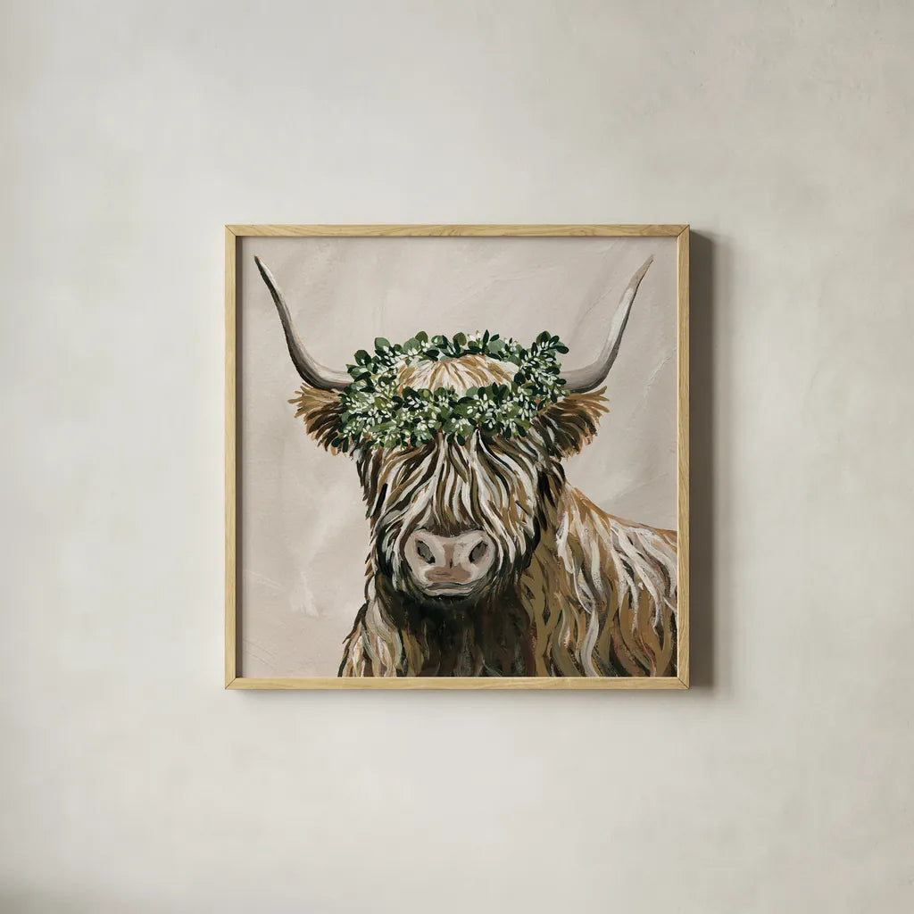 Harvest Cow Sage Square by Yvette St. Amant. Shown in a natural wood glass frame for a timeless modern aesthetic. Available as an archival giclee rolled canvas, fine art paper, or poster print. SKU 93682a.