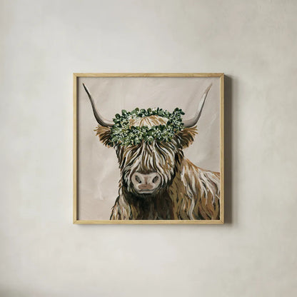 Harvest Cow Sage Square by Yvette St. Amant. Shown in a natural wood glass frame for a timeless modern aesthetic. Available as an archival giclee rolled canvas, fine art paper, or poster print. SKU 93682a.