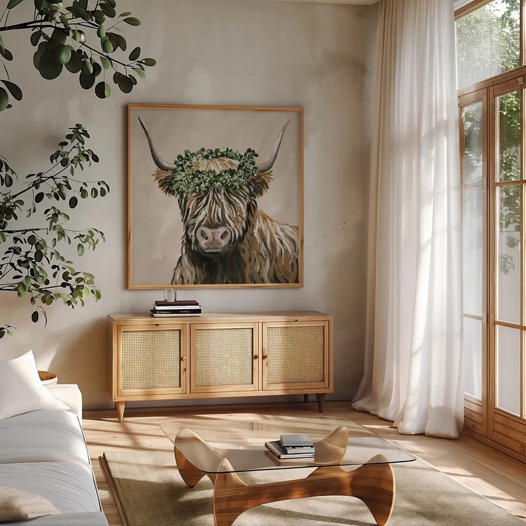 Harvest Cow Sage Square by Yvette St. Amant. Shown in a natural wood frame in a cozy modern living room. Available as an archival giclee rolled canvas, fine art paper, or poster print. SKU 93682a.