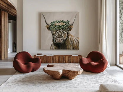 Harvest Cow Sage Square by Yvette St. Amant. Shown as extra-large giant wall art in a modern living room. Available as an archival giclee rolled canvas, fine art paper, or poster print. SKU 93682a.